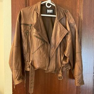 (SOLD) DKNY Vintage Women's Brown Leather Jacket, oversized sz Small